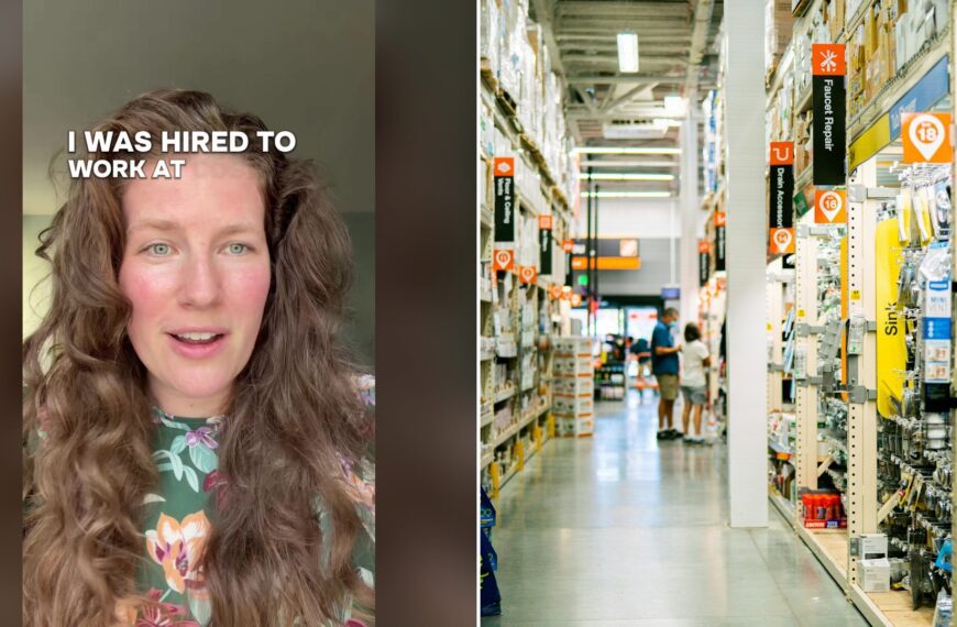 Split image with the cover of @cozypinguino's TikTok video, where a woman with long wavy hair in a floral top talks to the camera under the words I was hired to work at, on the left and an Unsplash photo by Oxana Melis on the right showing a store aisle with shelves full of items