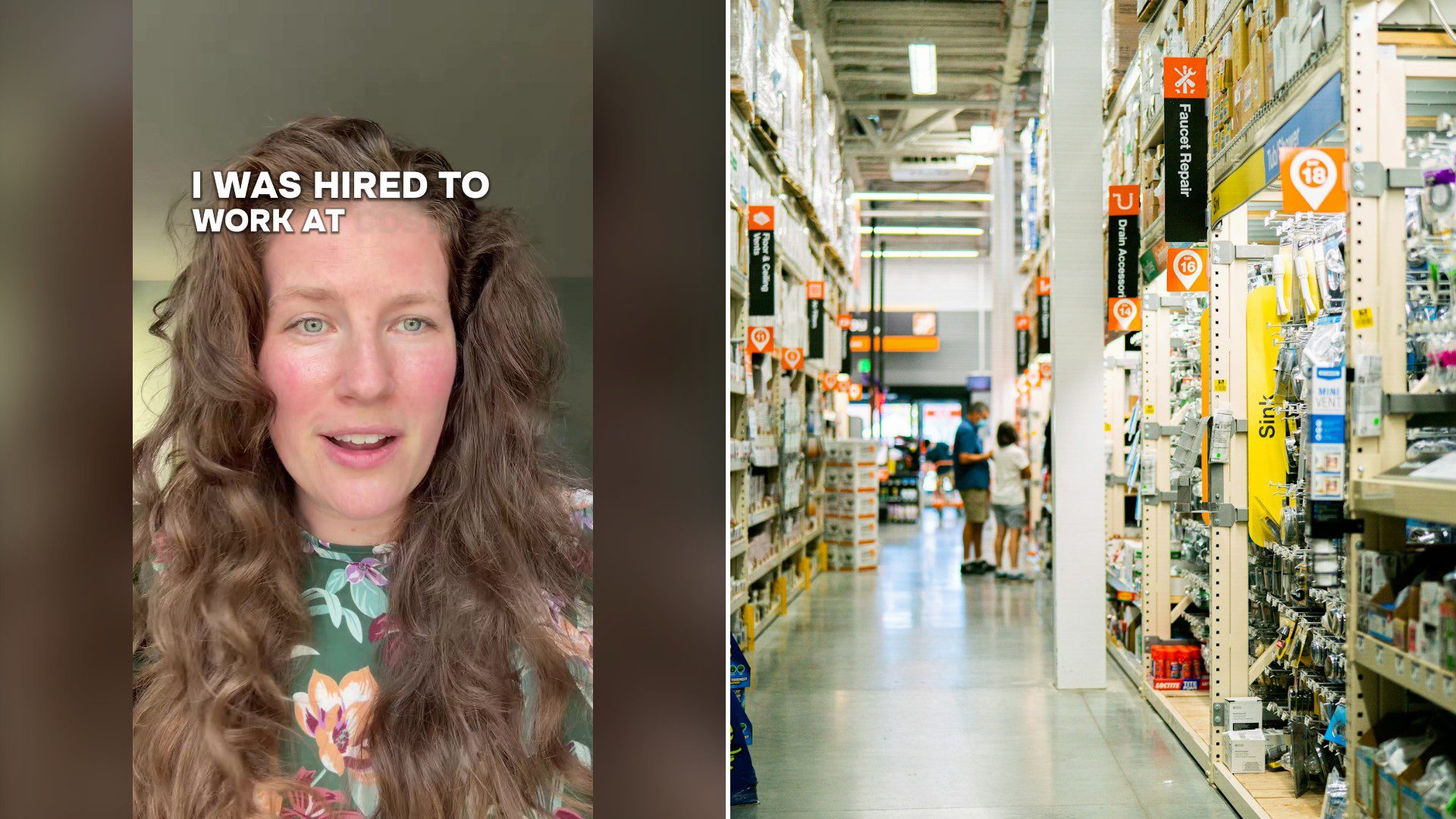 Split image with the cover of @cozypinguino's TikTok video, where a woman with long wavy hair in a floral top talks to the camera under the words I was hired to work at, on the left and an Unsplash photo by Oxana Melis on the right showing a store aisle with shelves full of items