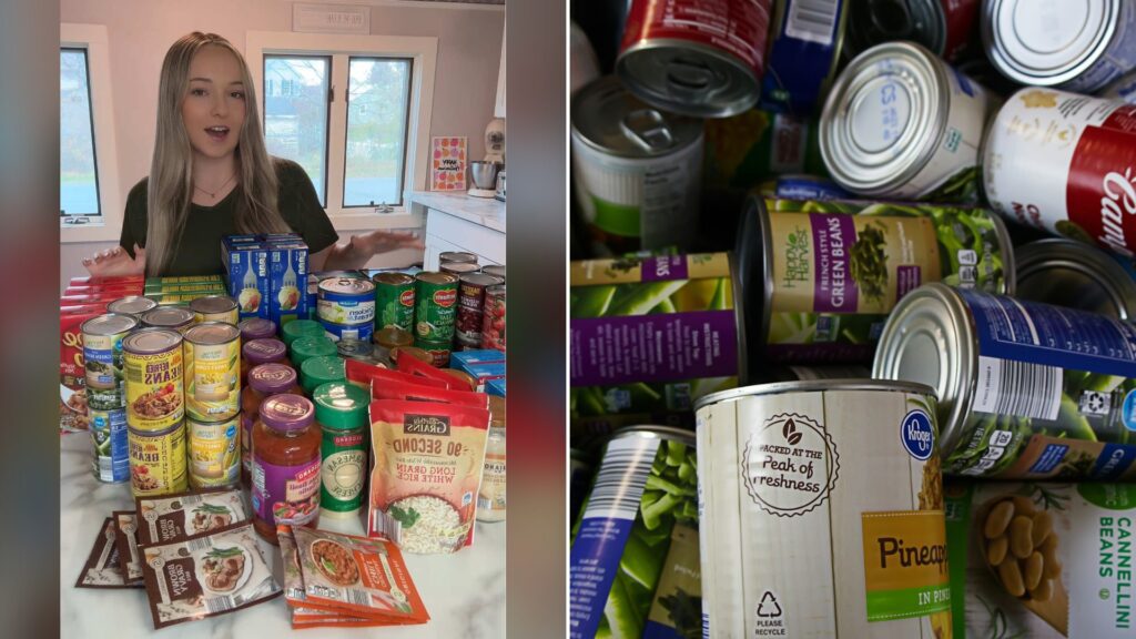 Split image with the cover of @reviskitchenn's TikTok video, where a woman stands behind a counter covered with canned goods, jars, boxes and pouches of meal-kit ingredients, on the left and an Unsplash photo by Jacob McGowin on the right showing a pile of canned food from a food bank