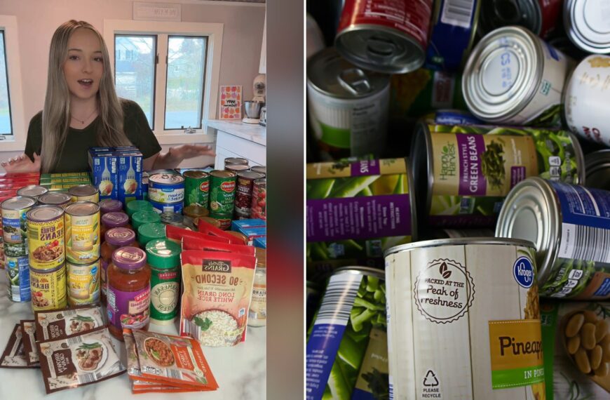 Split image with the cover of @reviskitchenn's TikTok video, where a woman stands behind a counter covered with canned goods, jars, boxes and pouches of meal-kit ingredients, on the left and an Unsplash photo by Jacob McGowin on the right showing a pile of canned food from a food bank