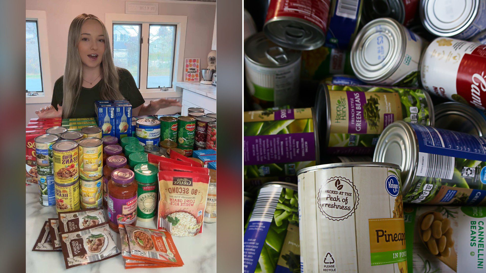 Split image with the cover of @reviskitchenn's TikTok video, where a woman stands behind a counter covered with canned goods, jars, boxes and pouches of meal-kit ingredients, on the left and an Unsplash photo by Jacob McGowin on the right showing a pile of canned food from a food bank