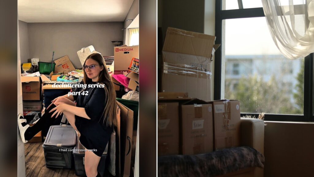 Split image with the cover of @annaxmarii's TikTok video, where a woman with long hair and glasses sits on a plastic bin in a room full of cardboard boxes under the words decluttering series part 42, on the left and an Unsplash photo by Alicia Christin Gerald on the right showing a room with cardboard boxes and a window