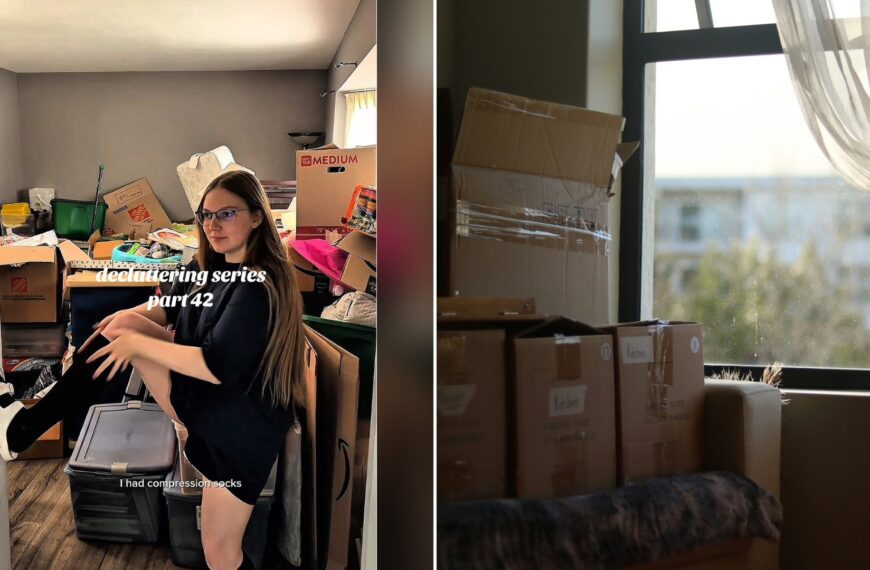 Split image with the cover of @annaxmarii's TikTok video, where a woman with long hair and glasses sits on a plastic bin in a room full of cardboard boxes under the words decluttering series part 42, on the left and an Unsplash photo by Alicia Christin Gerald on the right showing a room with cardboard boxes and a window