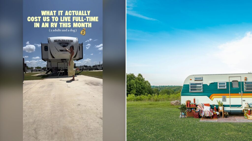 Split image with the cover of @keepingupwlaci's TikTok video, where a woman in a yellow dress stands in front of a Sabre fifth-wheel RV on a concrete pad under the words What it actually cost us to live full-time in an RV this month, on the left and an Unsplash photo by Lance Anderson on the right showing a white and blue retro RV trailer parked on a green grass field under a blue sky