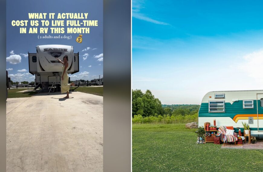 Split image with the cover of @keepingupwlaci's TikTok video, where a woman in a yellow dress stands in front of a Sabre fifth-wheel RV on a concrete pad under the words What it actually cost us to live full-time in an RV this month, on the left and an Unsplash photo by Lance Anderson on the right showing a white and blue retro RV trailer parked on a green grass field under a blue sky