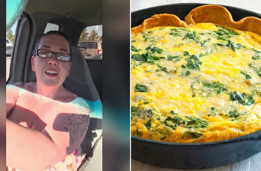 Split image with the cover of @pennecircus's TikTok video, where a woman with glasses and an arm tattoo talks to the camera from the seat of a vehicle, on the left and an Unsplash photo by David B Townsend on the right showing a quiche baked in a black iron skillet