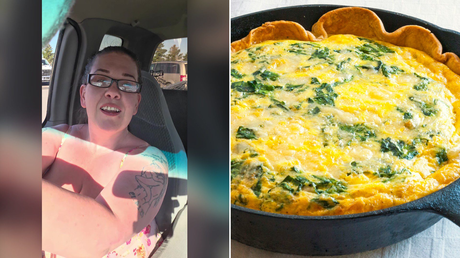Split image with the cover of @pennecircus's TikTok video, where a woman with glasses and an arm tattoo talks to the camera from the seat of a vehicle, on the left and an Unsplash photo by David B Townsend on the right showing a quiche baked in a black iron skillet