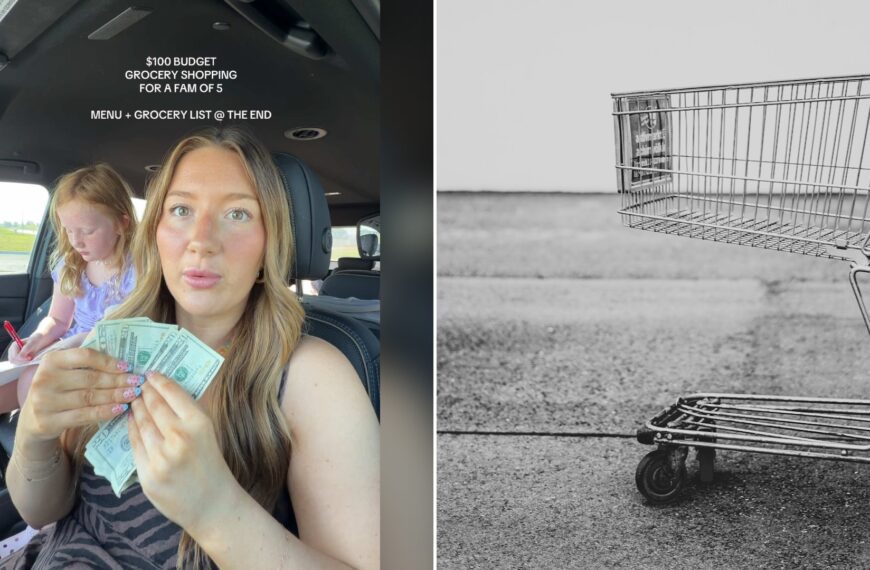 Split image with the cover of @chloeoberlechner's TikTok video, where a woman in a car holds a fan of cash while a young girl writes beside her, under the words $100 budget grocery shopping for a fam of 5, menu + grocery list @ the end, on the left and an Unsplash photo by Bruno Kelzer on the right showing a grey shopping cart