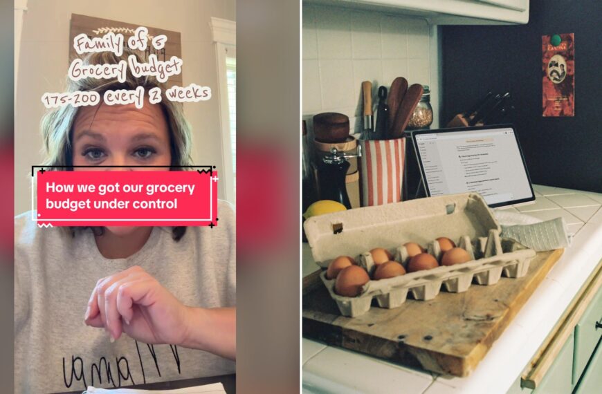 Split image with the cover of @kim_and_travis's TikTok video, where a woman in a gray sweatshirt looks down at paper under the words Family of 5 grocery budget 175-200 every 2 weeks and a pink box reading How we got our grocery budget under control, on the left and an Unsplash photo by Microsoft Copilot on the right showing a carton of brown eggs on a kitchen counter
