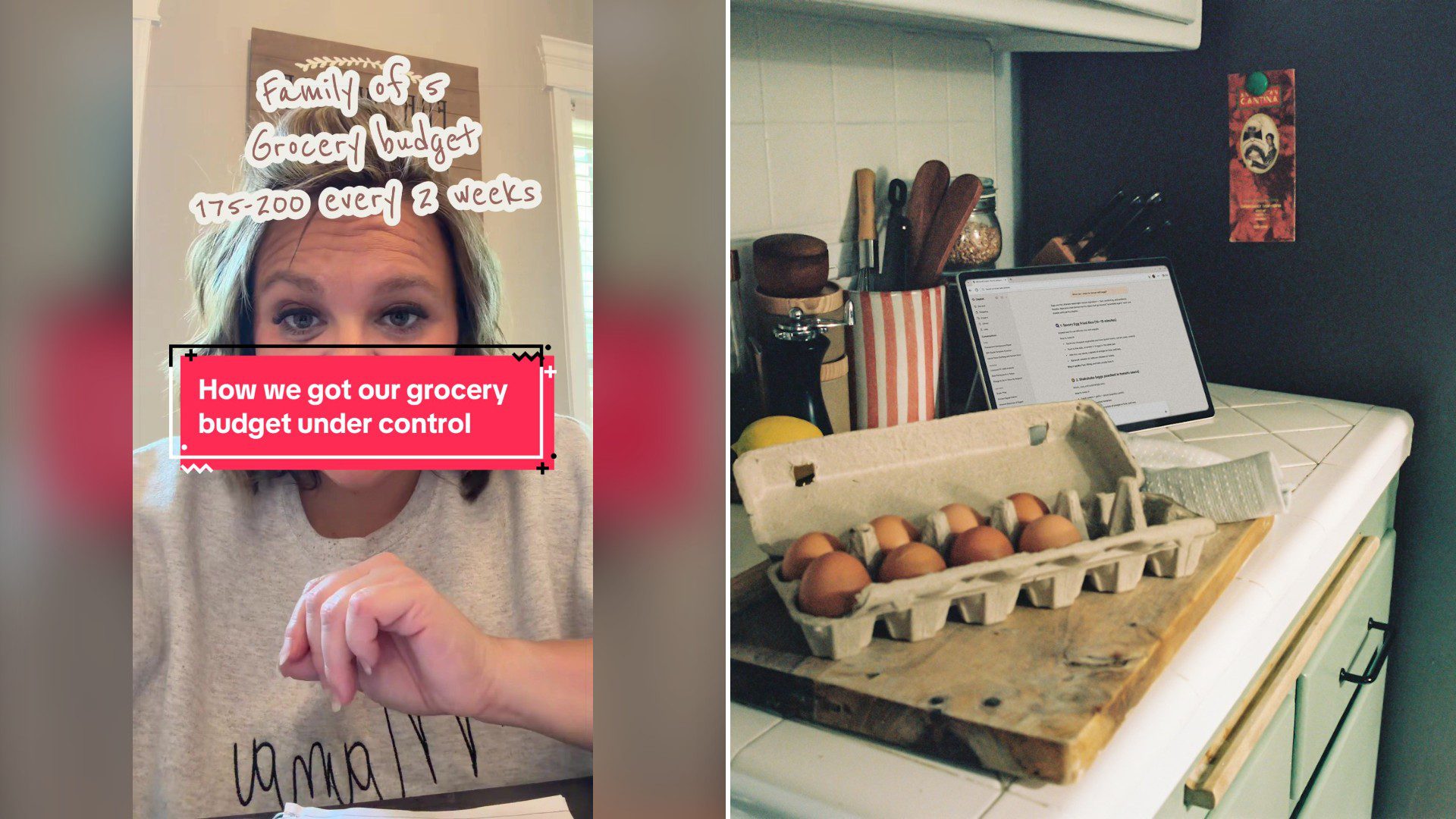 Split image with the cover of @kim_and_travis's TikTok video, where a woman in a gray sweatshirt looks down at paper under the words Family of 5 grocery budget 175-200 every 2 weeks and a pink box reading How we got our grocery budget under control, on the left and an Unsplash photo by Microsoft Copilot on the right showing a carton of brown eggs on a kitchen counter