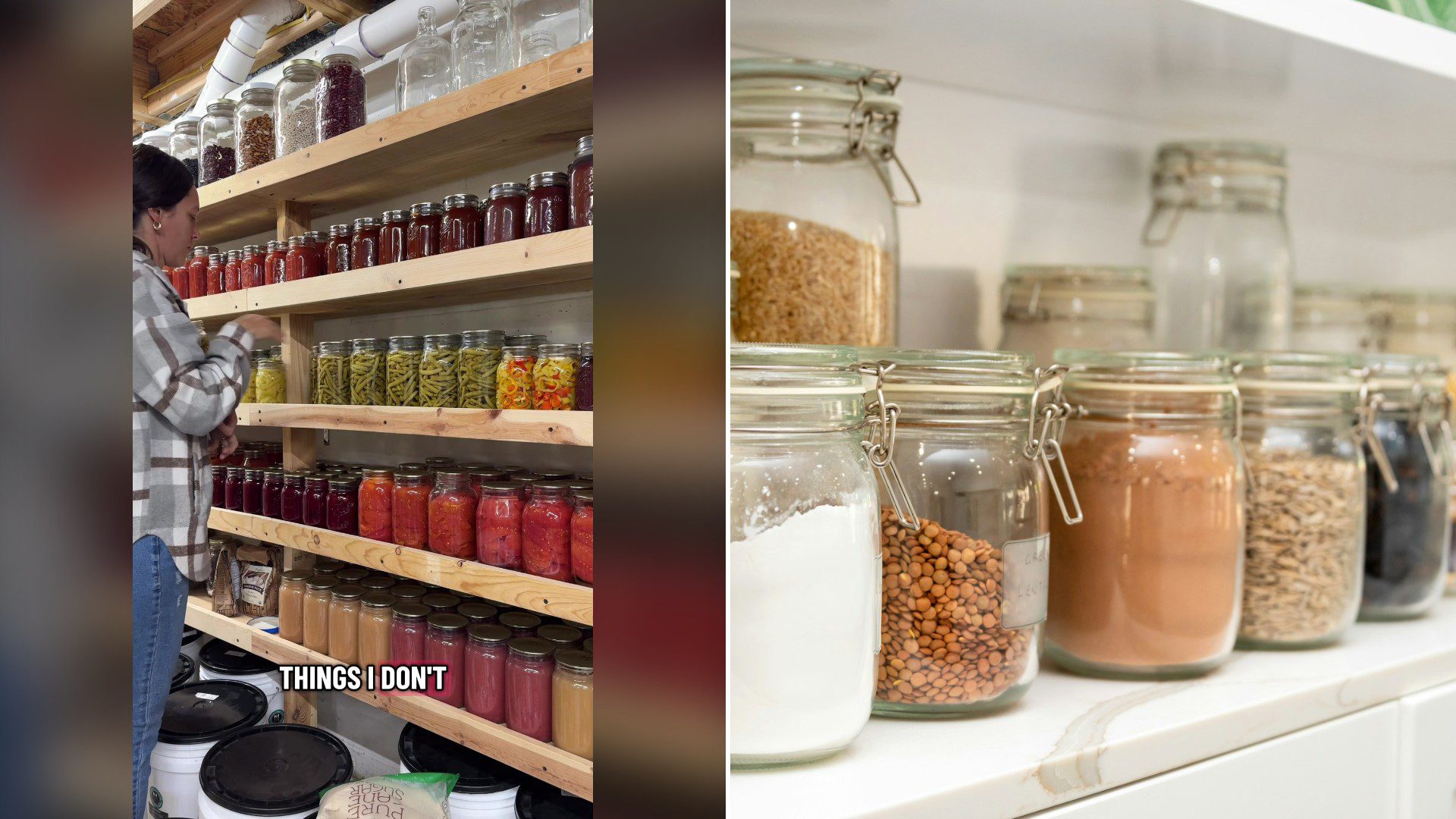 Split image with the cover of @morethanfarmers's TikTok video, where a woman in a plaid shirt stands in front of floor-to-ceiling wooden shelves of home-canned jars, with the words THINGS I DON'T, on the left and an Unsplash photo by Steven Ungermann on the right showing a row of glass jars filled with different foods on shelves