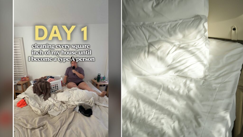 Split image with the cover of @itsreallycarly's TikTok video, where a woman sits on an unmade bed with a laundry basket and clothes beside her, under the words DAY 1 cleaning every square inch of my house until I become a type A person, on the left and an Unsplash photo by MChe Lee on the right showing a rumpled white bed with pillows beside a wooden nightstand in a sunlit room