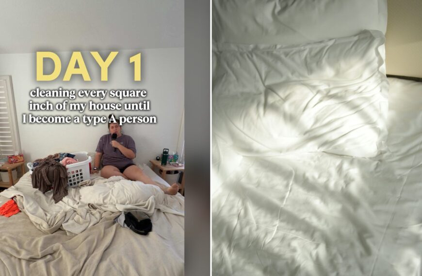 Split image with the cover of @itsreallycarly's TikTok video, where a woman sits on an unmade bed with a laundry basket and clothes beside her, under the words DAY 1 cleaning every square inch of my house until I become a type A person, on the left and an Unsplash photo by MChe Lee on the right showing a rumpled white bed with pillows beside a wooden nightstand in a sunlit room