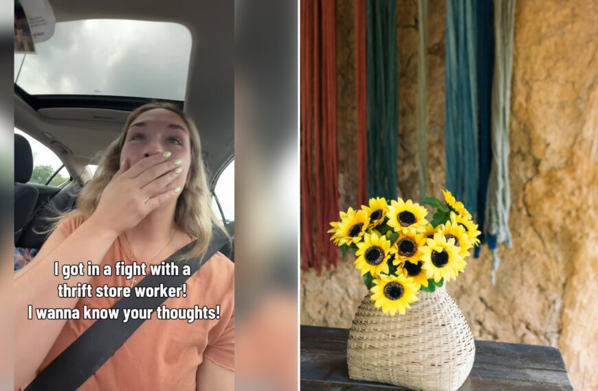 Left: cover still from a TikTok video by @kate.thrifts.tn. Right: A woven wicker vase of sunflowers on a table, with colorful fabrics hanging behind it (Unsplash photo by Hongjin Wang).