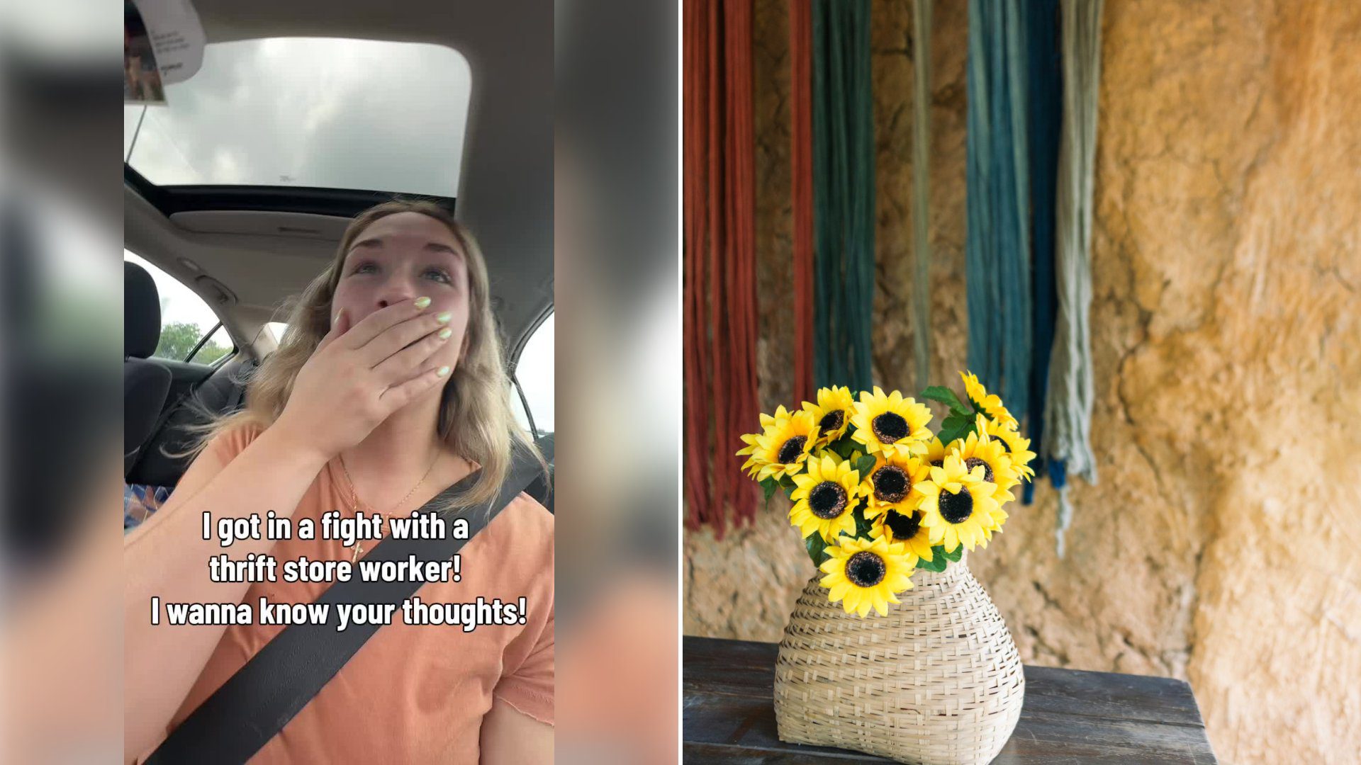 Left: cover still from a TikTok video by @kate.thrifts.tn. Right: A woven wicker vase of sunflowers on a table, with colorful fabrics hanging behind it (Unsplash photo by Hongjin Wang).
