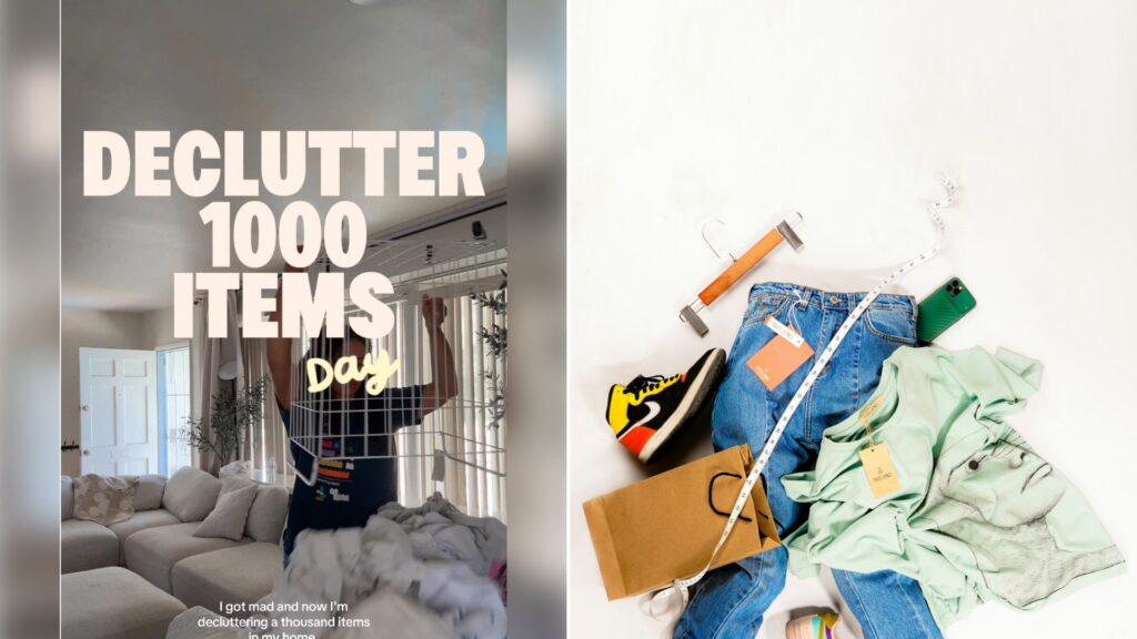 Left: cover still from a TikTok video by @heychrissytee. Right: A messy pile of clothes on a white floor (Unsplash photo by Dash Khatami).