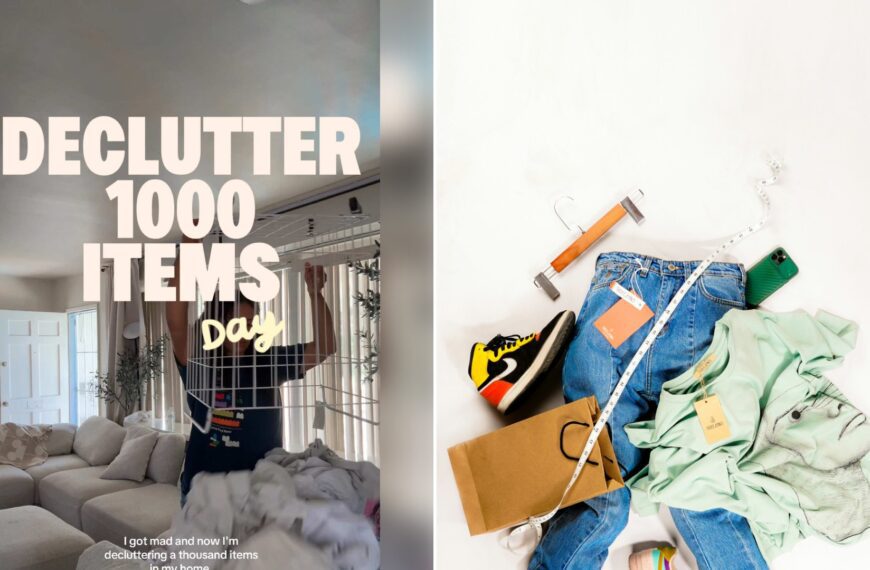 Left: cover still from a TikTok video by @heychrissytee. Right: A messy pile of clothes on a white floor (Unsplash photo by Dash Khatami).
