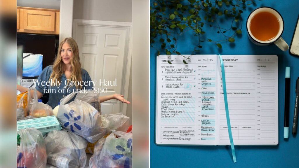 Left: cover still from a TikTok video by @victoriafarnsworth17. Right: Top view of an open notebook with a handwritten list and a pen, next to a cup of tea (Unsplash photo by My Profit Tutor).