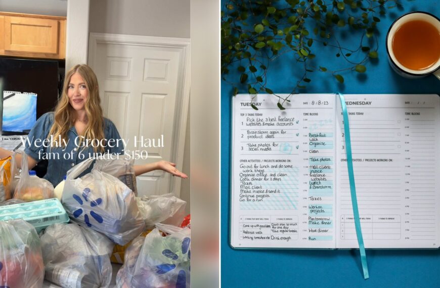 Left: cover still from a TikTok video by @victoriafarnsworth17. Right: Top view of an open notebook with a handwritten list and a pen, next to a cup of tea (Unsplash photo by My Profit Tutor).