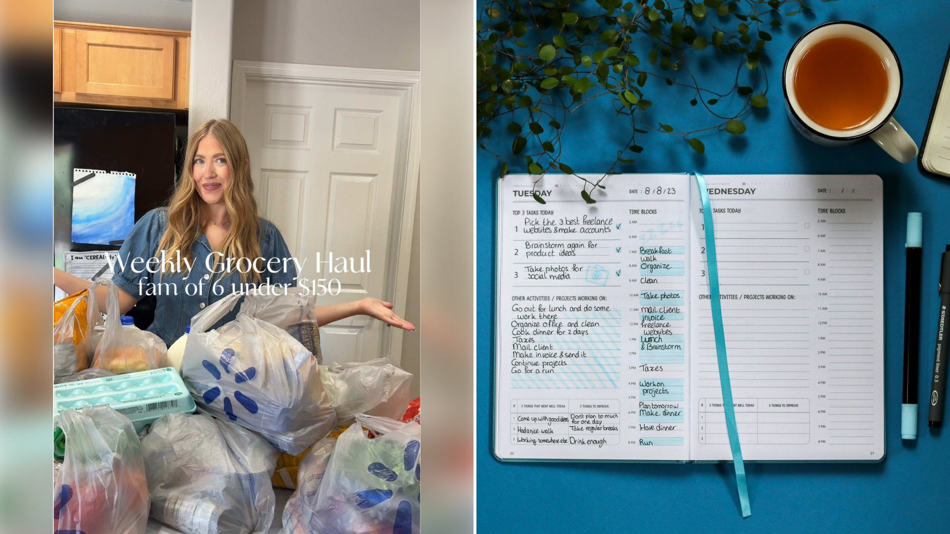 Left: cover still from a TikTok video by @victoriafarnsworth17. Right: Top view of an open notebook with a handwritten list and a pen, next to a cup of tea (Unsplash photo by My Profit Tutor).