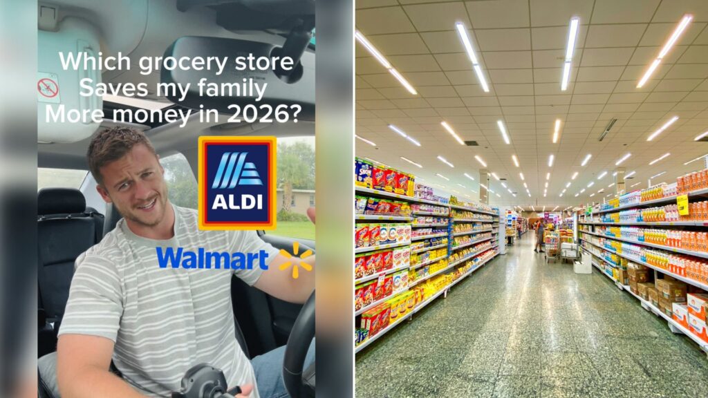 Left: cover still from a TikTok video by @joelhustle. Right: A grocery store aisle with shelves stocked with cereal boxes and milk cartons (Unsplash photo by Nathália Rosa).