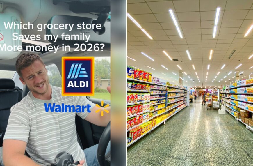 Left: cover still from a TikTok video by @joelhustle. Right: A grocery store aisle with shelves stocked with cereal boxes and milk cartons (Unsplash photo by Nathália Rosa).