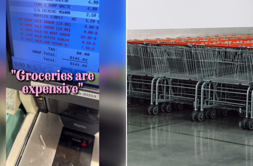 Left: cover still from a TikTok video by @mamicouponz. Right: A row of empty shopping carts inside a store (Unsplash photo by ERIC ZHU).