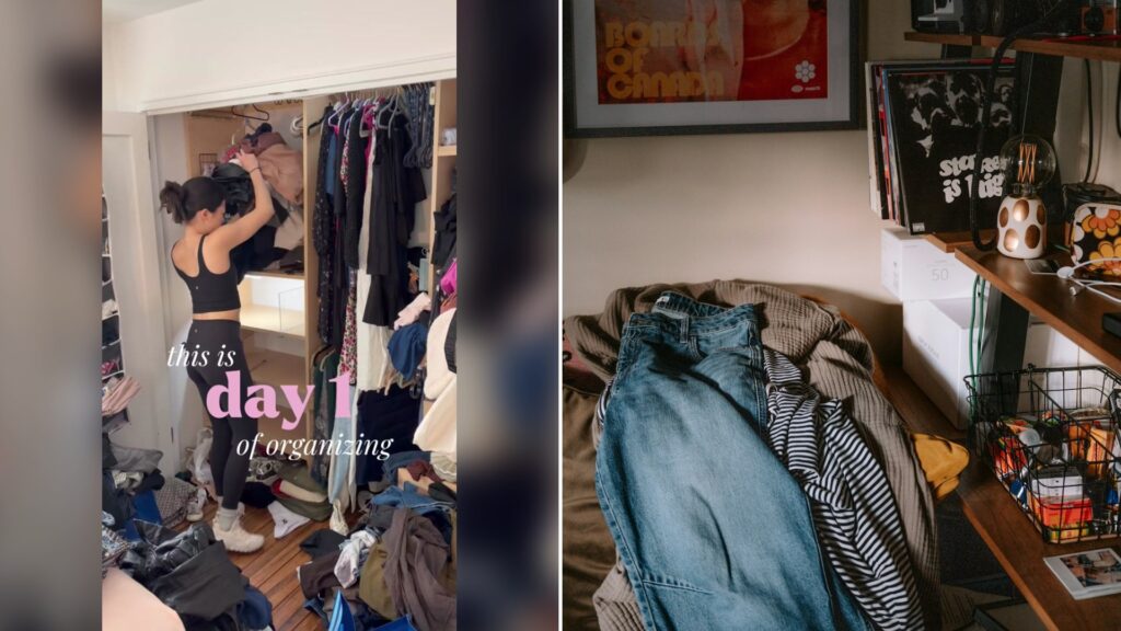 Cover of @organizingbyally's TikTok video (left) beside an Unsplash photo by Annie Spratt of blue jeans and a striped shirt on a bed beside a wooden shelf (right).