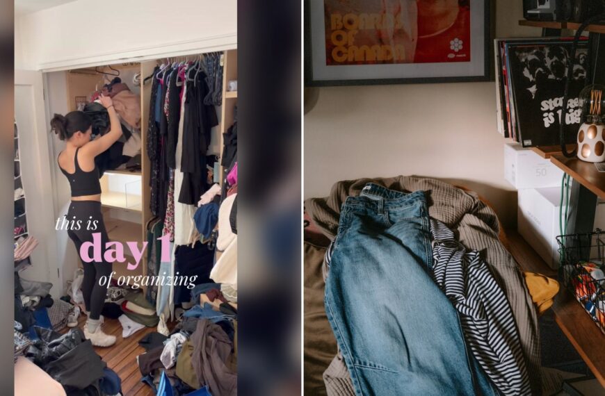 Cover of @organizingbyally's TikTok video (left) beside an Unsplash photo by Annie Spratt of blue jeans and a striped shirt on a bed beside a wooden shelf (right).