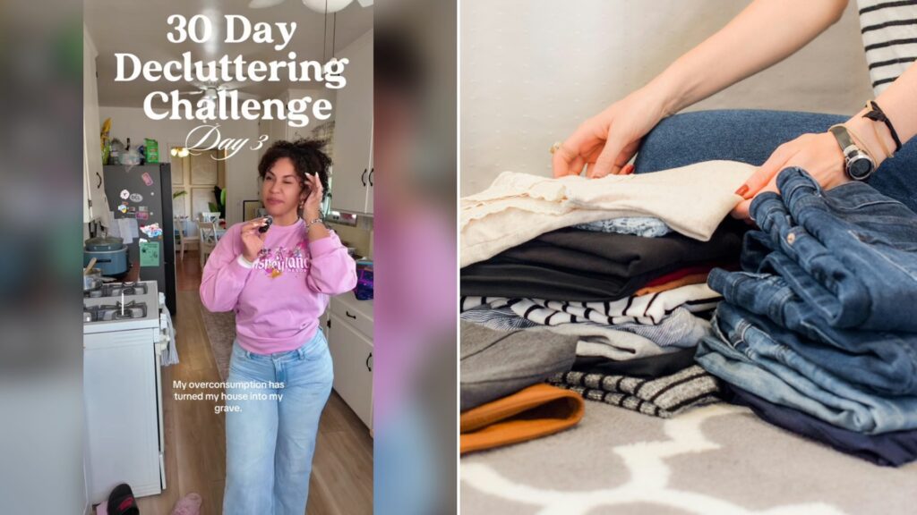 Cover of @heychrissytee's TikTok video (left) beside an Unsplash photo by Sarah Brown of assorted-color apparel (right).