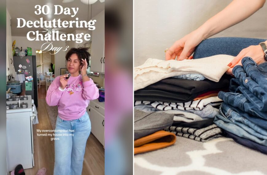 Cover of @heychrissytee's TikTok video (left) beside an Unsplash photo by Sarah Brown of assorted-color apparel (right).