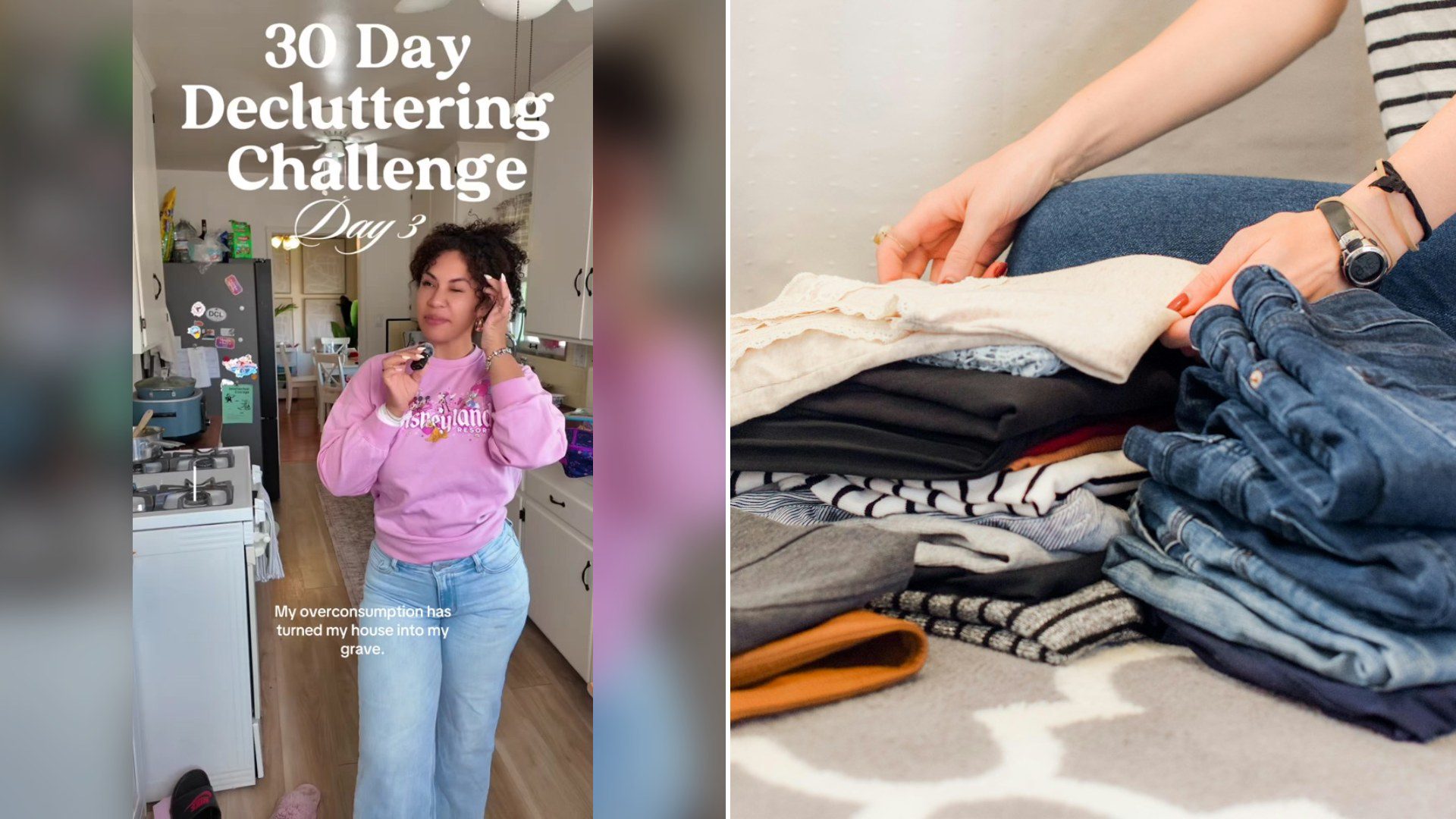Cover of @heychrissytee's TikTok video (left) beside an Unsplash photo by Sarah Brown of assorted-color apparel (right).