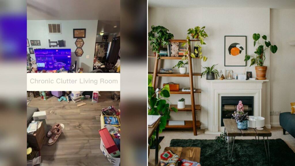 Cover of @kayleenkellyorganize's TikTok video (left) beside an Unsplash photo by Annie Spratt of a living room filled with furniture and a fireplace (right).