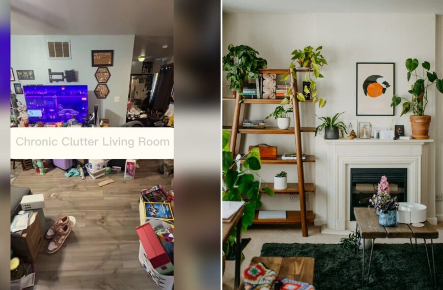 Cover of @kayleenkellyorganize's TikTok video (left) beside an Unsplash photo by Annie Spratt of a living room filled with furniture and a fireplace (right).