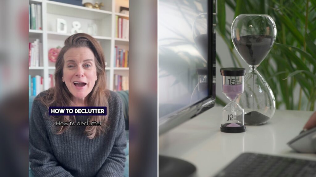 Cover of @ddh.home's TikTok video (left) beside an Unsplash photo by Milad Fakurian of a clear hourglass on a white table (right).