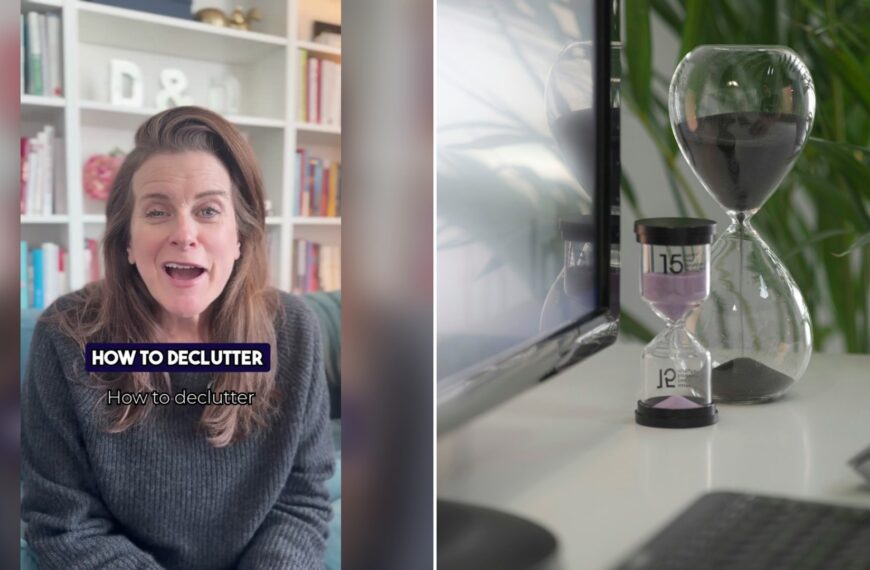 Cover of @ddh.home's TikTok video (left) beside an Unsplash photo by Milad Fakurian of a clear hourglass on a white table (right).