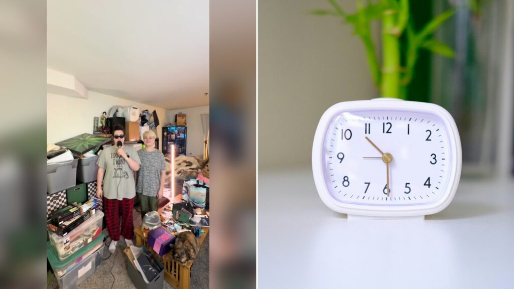 Cover of @christinewrutzen's TikTok video (left) beside an Unsplash photo by Surja Sen Das Raj of a white clock sitting on top of a white table (right).