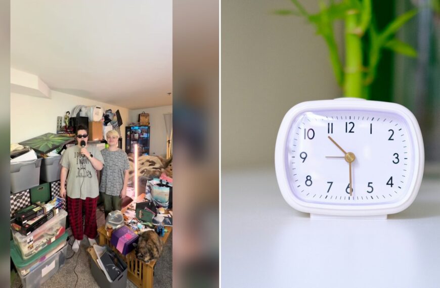 Cover of @christinewrutzen's TikTok video (left) beside an Unsplash photo by Surja Sen Das Raj of a white clock sitting on top of a white table (right).