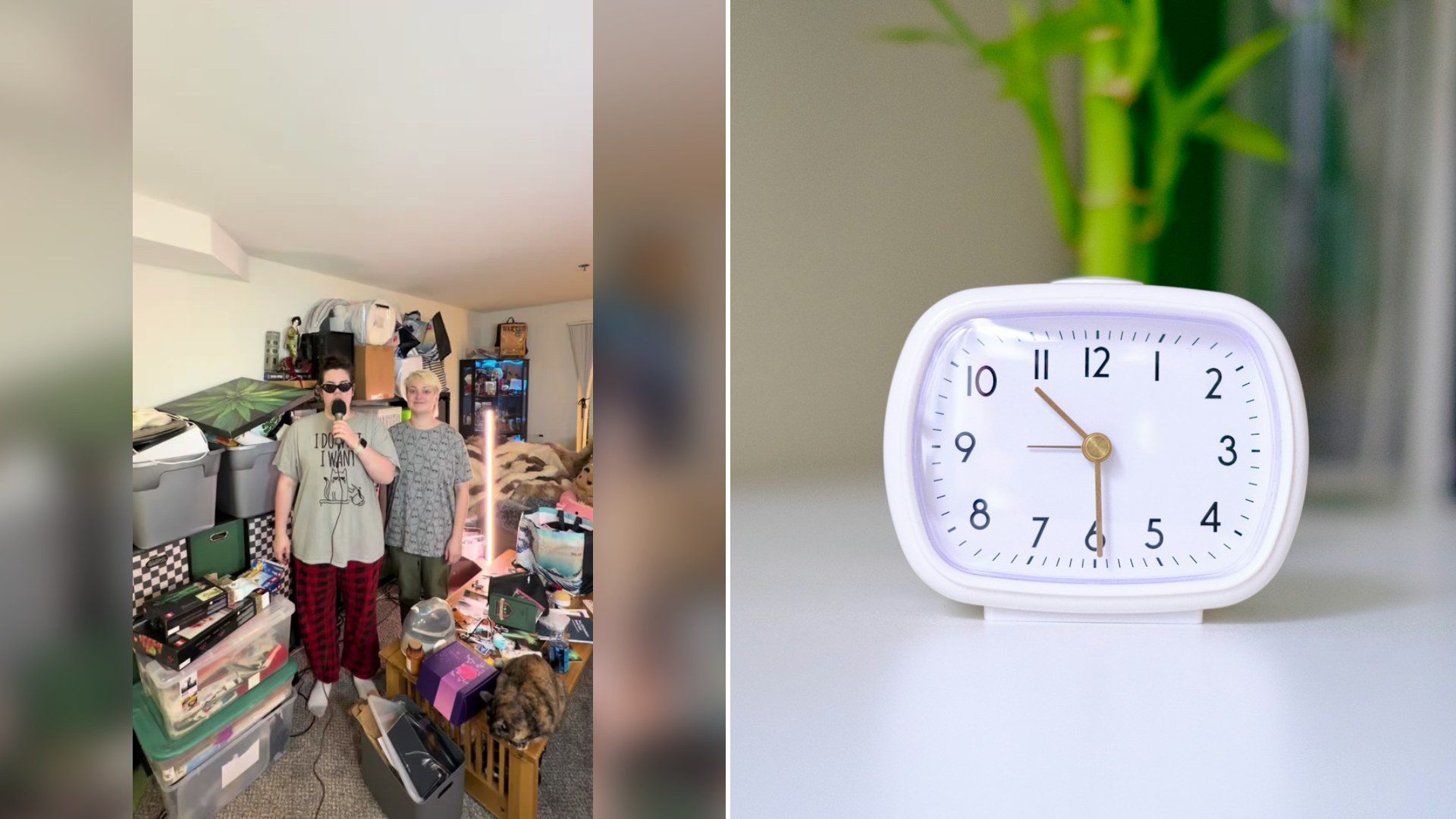 Cover of @christinewrutzen's TikTok video (left) beside an Unsplash photo by Surja Sen Das Raj of a white clock sitting on top of a white table (right).