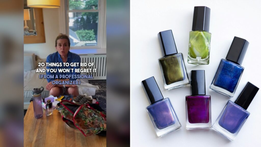 Cover of @ddh.home's TikTok video (left) beside an Unsplash photo by Maria Lupan of a group of five different colored nail polishes (right).