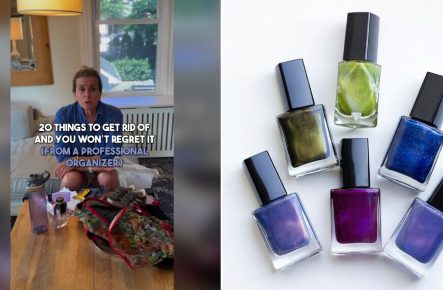 Cover of @ddh.home's TikTok video (left) beside an Unsplash photo by Maria Lupan of a group of five different colored nail polishes (right).
