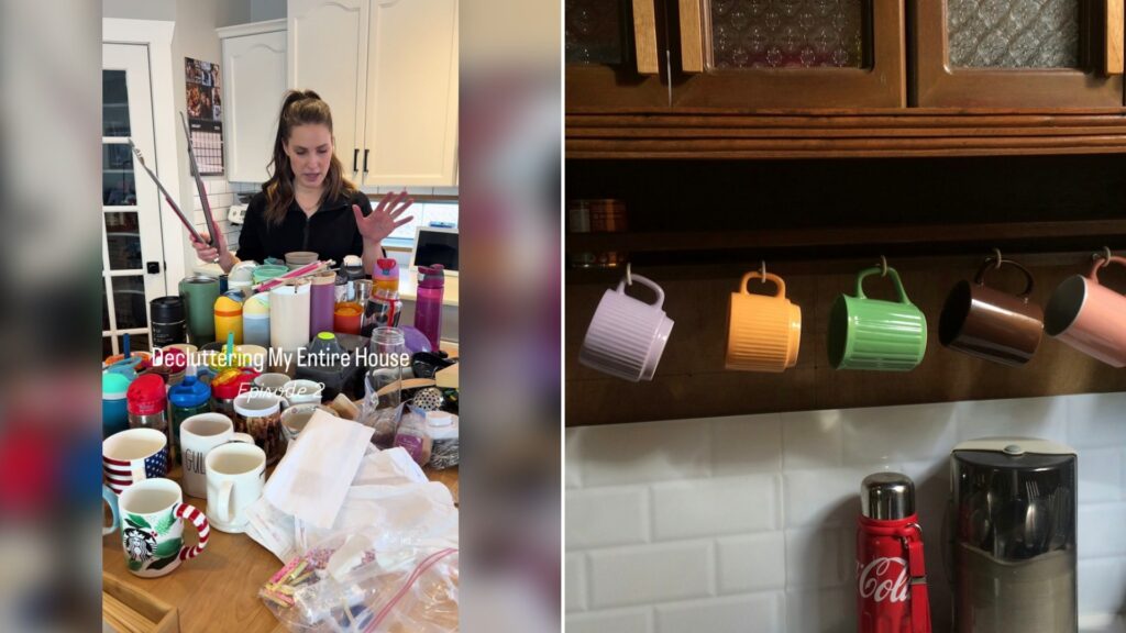 Cover of @laura.comes.clean's TikTok video (left) beside an Unsplash photo by Lhar Capili of colorful mugs hanging below wooden kitchen cabinets (right).