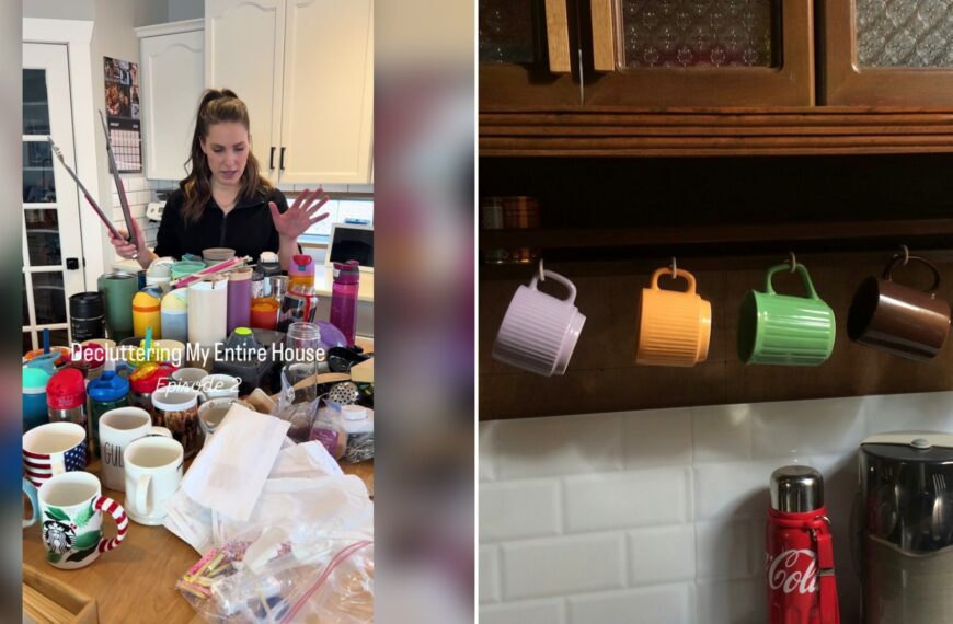 Cover of @laura.comes.clean's TikTok video (left) beside an Unsplash photo by Lhar Capili of colorful mugs hanging below wooden kitchen cabinets (right).