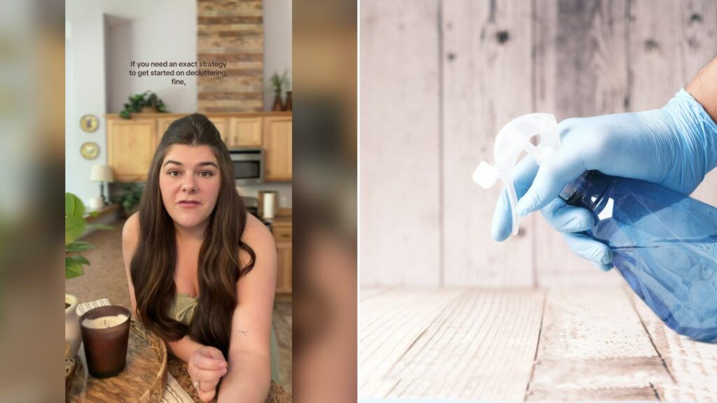Cover of @sociallykylie's TikTok video (left) beside an Unsplash photo by Towfiqu barbhuiya of a hand in a blue latex glove holding a blue spray bottle (right).