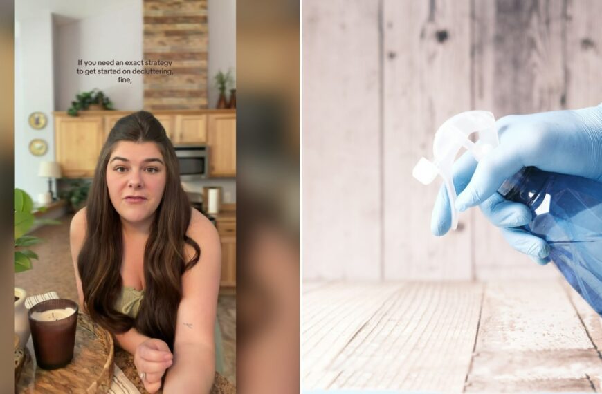 Cover of @sociallykylie's TikTok video (left) beside an Unsplash photo by Towfiqu barbhuiya of a hand in a blue latex glove holding a blue spray bottle (right).