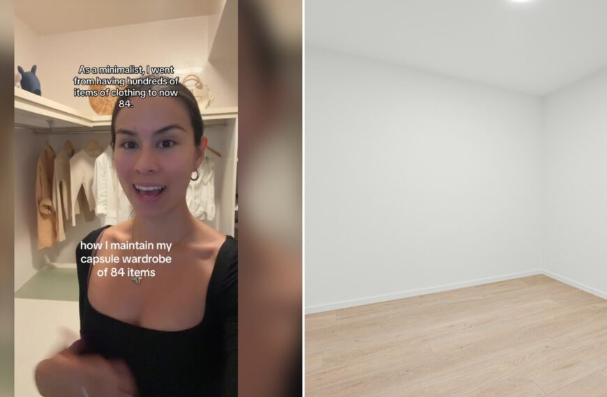 Cover of @kristinecrouch's TikTok video (left) beside an Unsplash photo by Alex Tyson of an empty room with a wood floor and white walls (right).