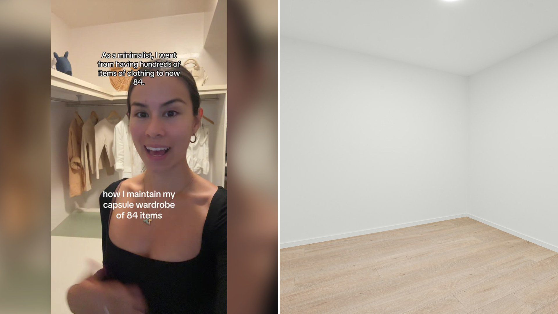 Cover of @kristinecrouch's TikTok video (left) beside an Unsplash photo by Alex Tyson of an empty room with a wood floor and white walls (right).