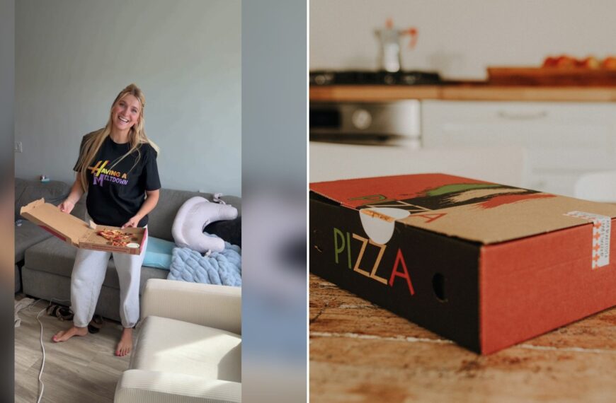 Cover of @sarah_sweeten_'s TikTok video (left) beside an Unsplash photo by Rhamely of a pizza box sitting on top of a wooden table (right).