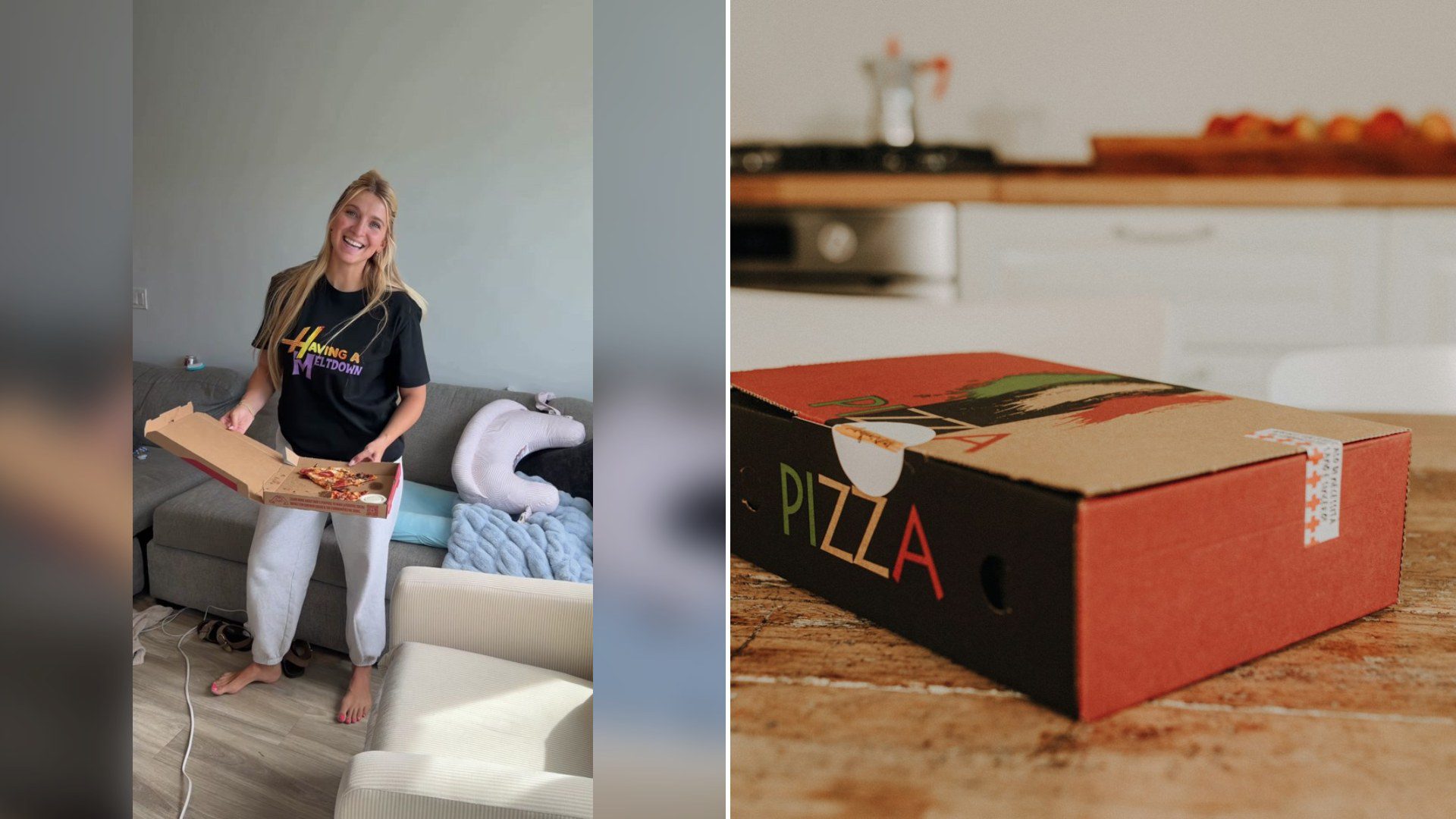Cover of @sarah_sweeten_'s TikTok video (left) beside an Unsplash photo by Rhamely of a pizza box sitting on top of a wooden table (right).