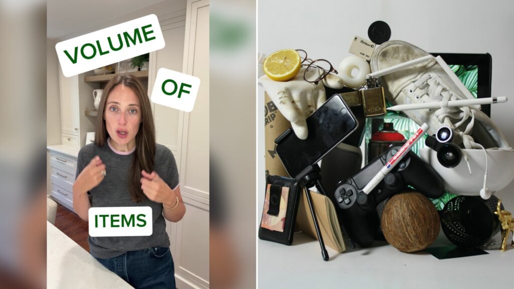 Cover of @lauren.spruced's TikTok video (left) beside an Unsplash photo by Luca Laurence of a pile of assorted-color products (right).